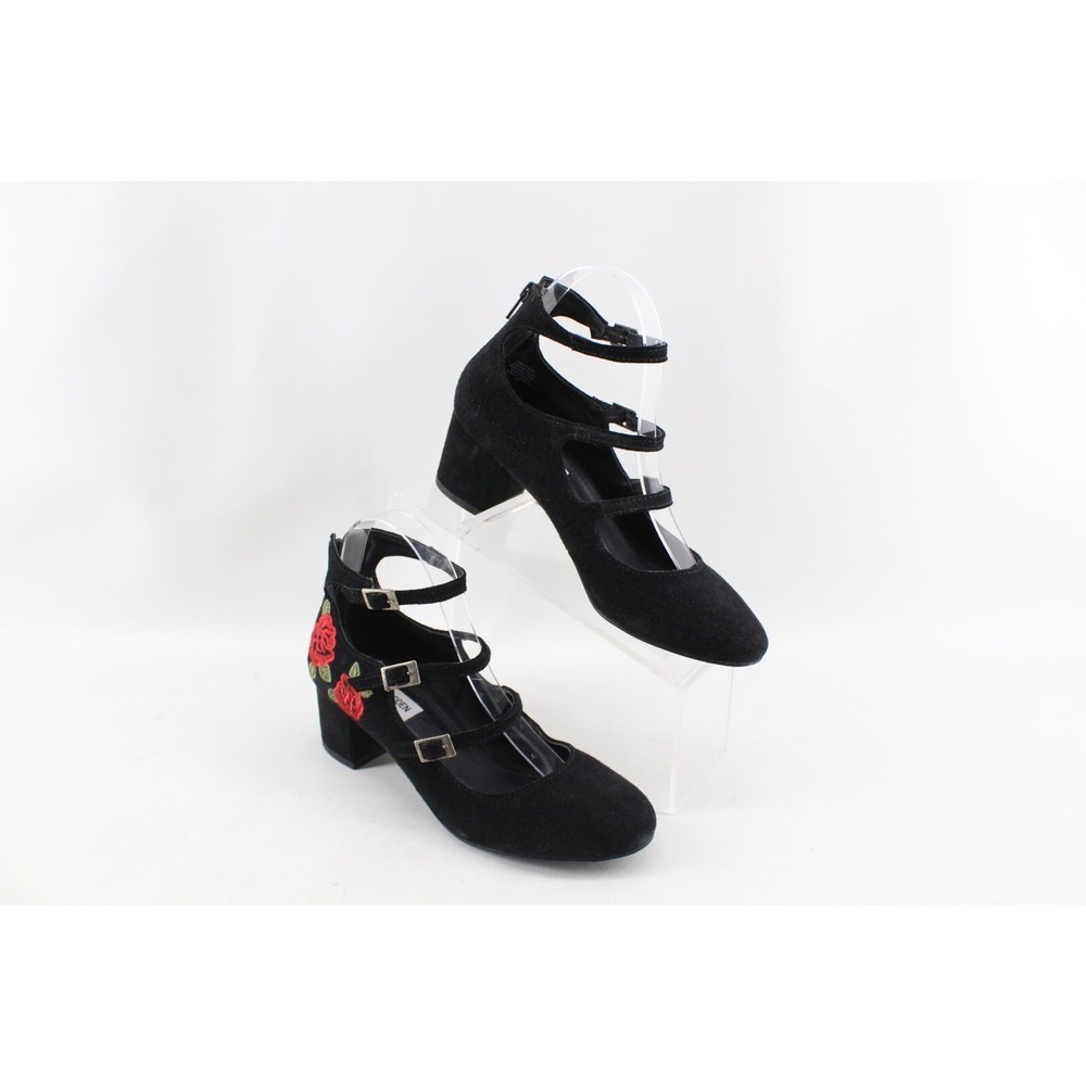 Steve Madden Hedley Embroidered Red Rose Black Leather Suede‎ Heel Shoes Sz 8.5M